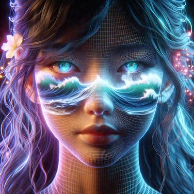 The primary subject of the image is a woman with blue eyes and a blue-green color scheme. She has a flower in her hair and is wearing a blue and white dress. The setting is a futuristic environment, possibly a digital art or illustration. The visual style is a combination of realistic and digital elements, creating a unique and captivating image. The colors and mood convey a sense of tranquility and beauty, with the blue and green hues adding to the overall atmosphere.